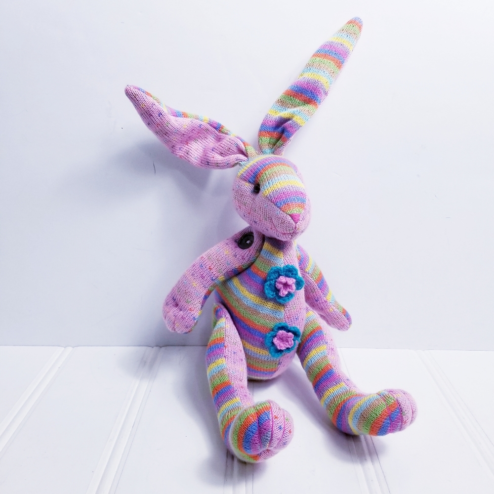 Pink Weighted Knit Easter Bunny Decor Striped Floral Plush Shelf Sitter